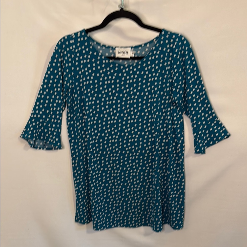 Leota Blue Ruffled 3/4 Sleeve Blouse Dot Print Size Small